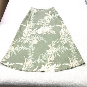 Liz Claiborne Linen Skirt Womens 10 Sage Green Cream Floral Coastal Midi